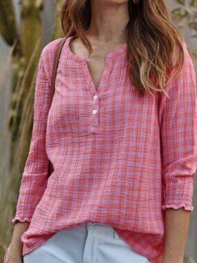 J. JILL WOMENS PINK ORANGE CHECK GAUZEY BLOUSE SMALL PETITE